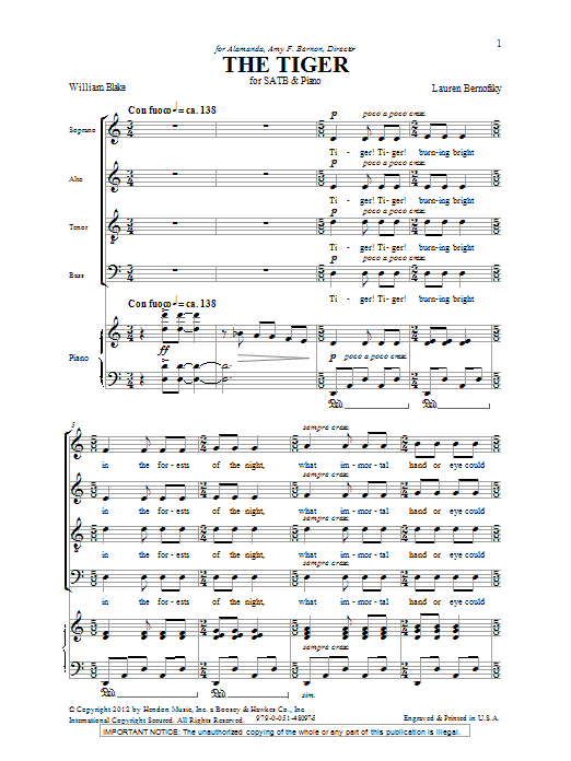 Download Lauren Bernofsky The Tiger Sheet Music and learn how to play SATB PDF digital score in minutes