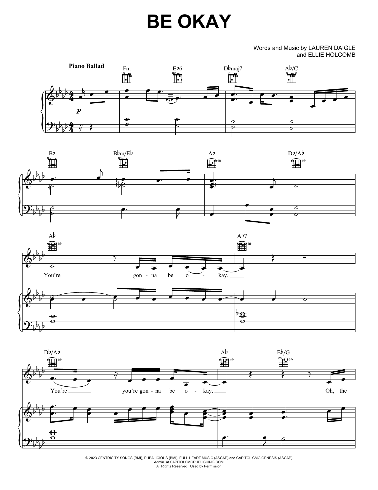 Download Lauren Daigle Be Okay Sheet Music and learn how to play Piano, Vocal & Guitar Chords (Right-Hand Melody) PDF digital score in minutes