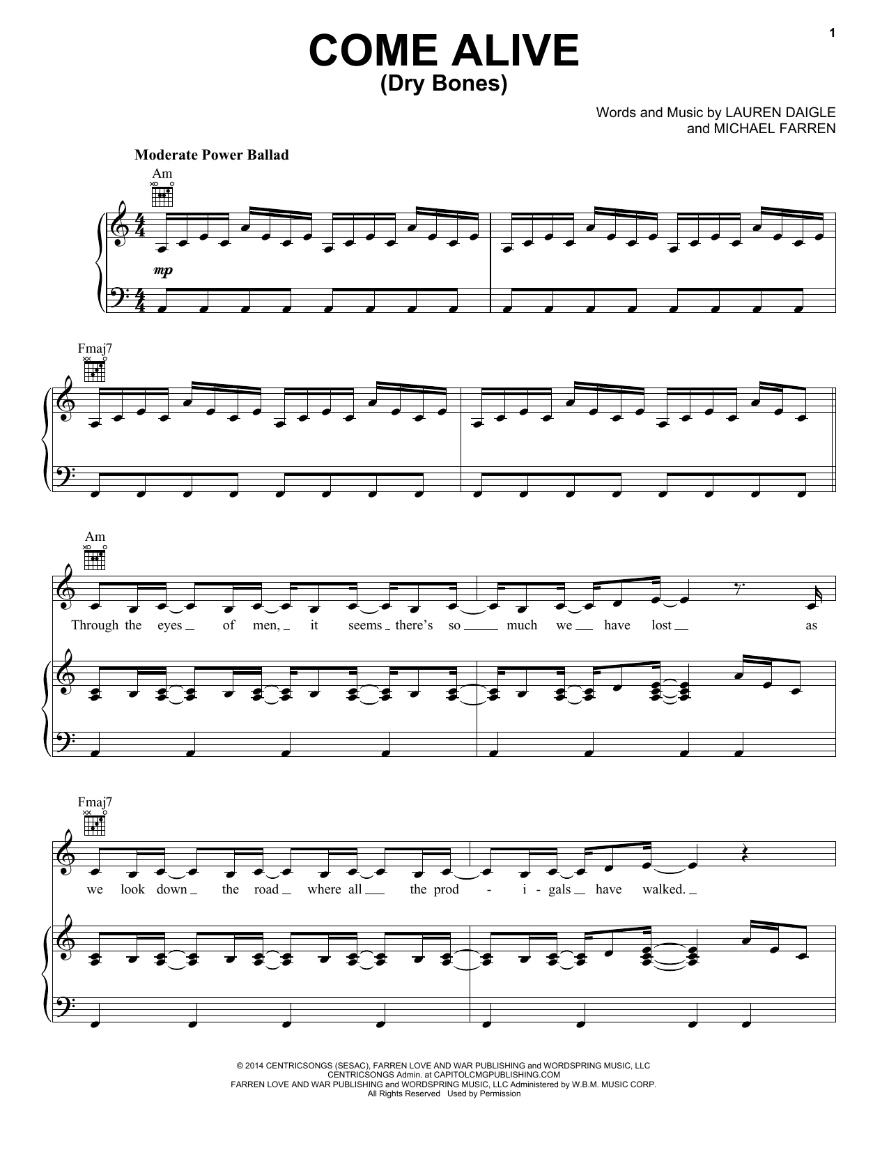 Download Michael Farren Come Alive (Dry Bones) Sheet Music and learn how to play Piano, Vocal & Guitar (Right-Hand Melody) PDF digital score in minutes