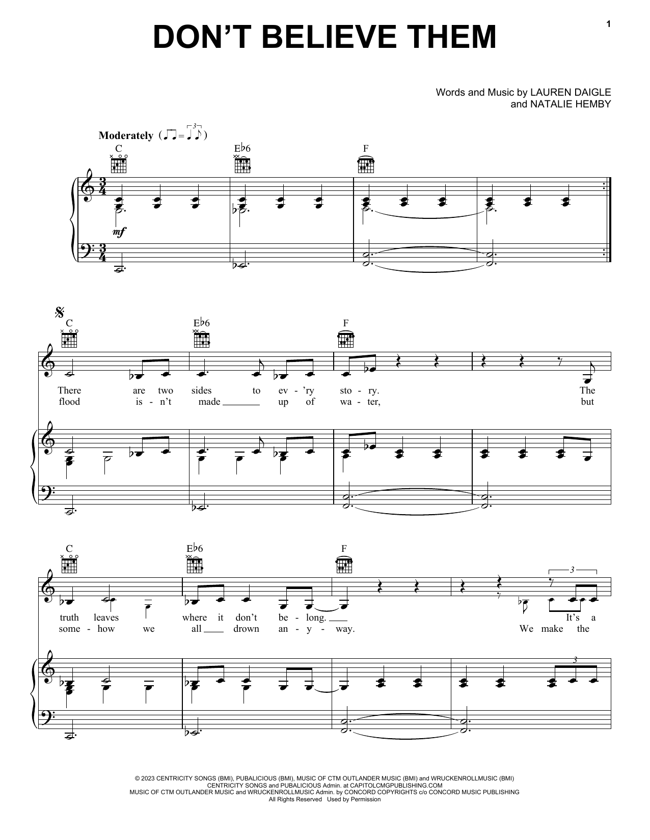 Download Lauren Daigle Don't Believe Them Sheet Music and learn how to play Piano, Vocal & Guitar Chords (Right-Hand Melody) PDF digital score in minutes