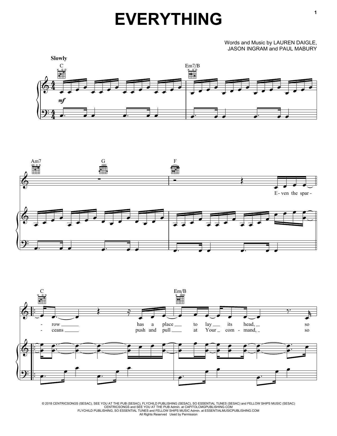 Download Lauren Daigle Everything Sheet Music and learn how to play Easy Piano PDF digital score in minutes