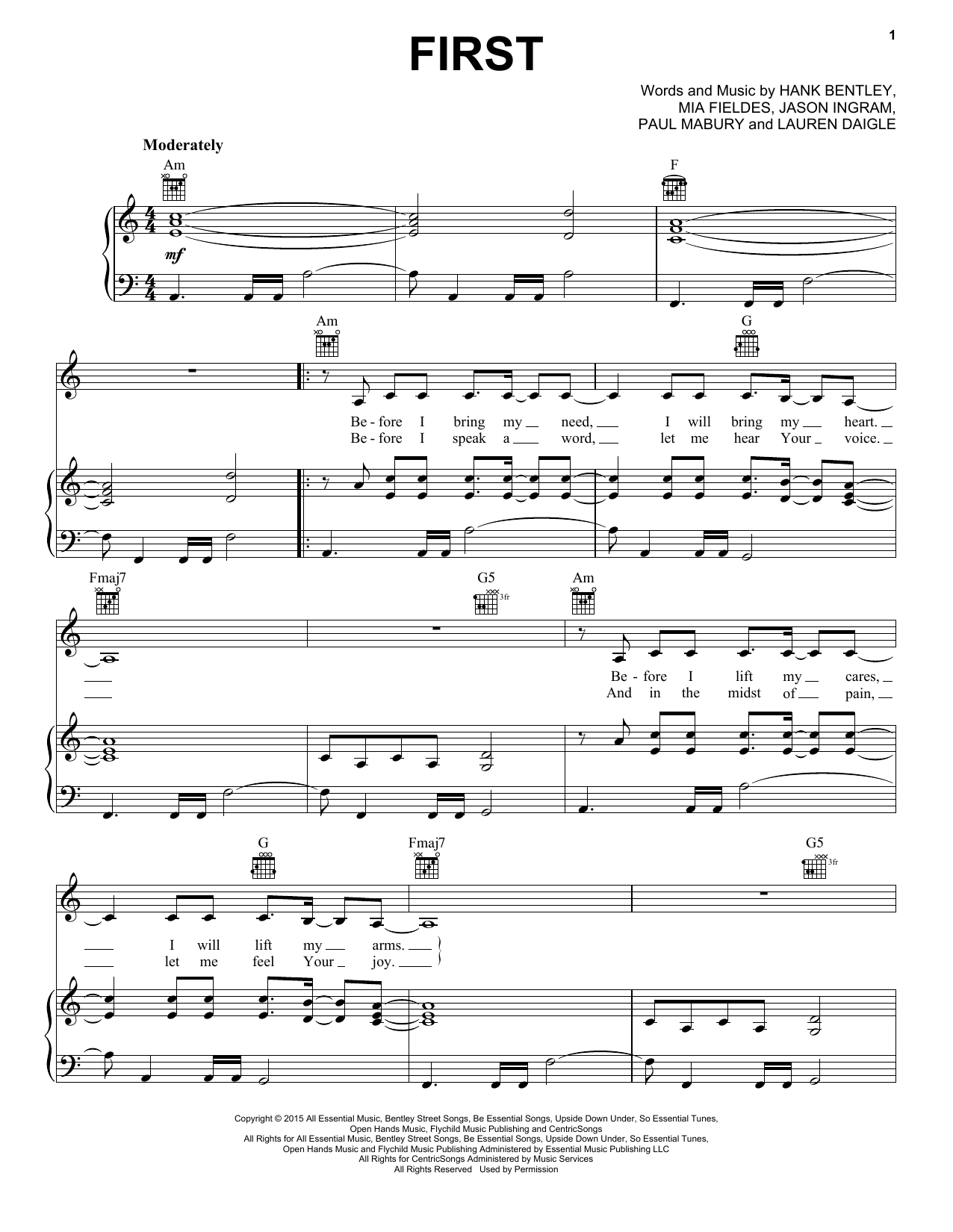 Download Lauren Daigle First Sheet Music and learn how to play Piano, Vocal & Guitar (Right-Hand Melody) PDF digital score in minutes