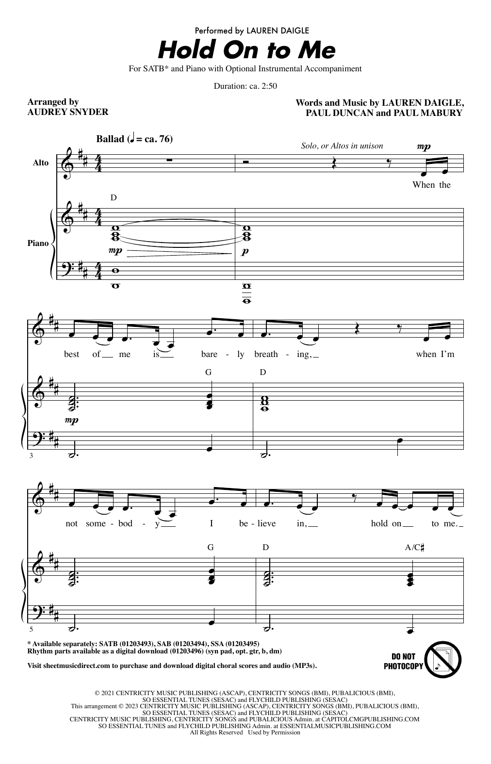Download Lauren Daigle Hold On To Me (arr. Audrey Snyder) Sheet Music and learn how to play SAB Choir PDF digital score in minutes