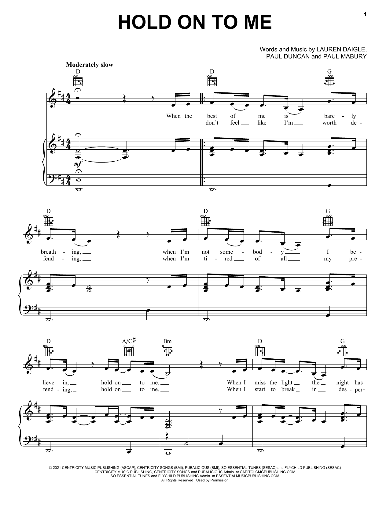 Download Lauren Daigle Hold On To Me Sheet Music and learn how to play Easy Piano PDF digital score in minutes