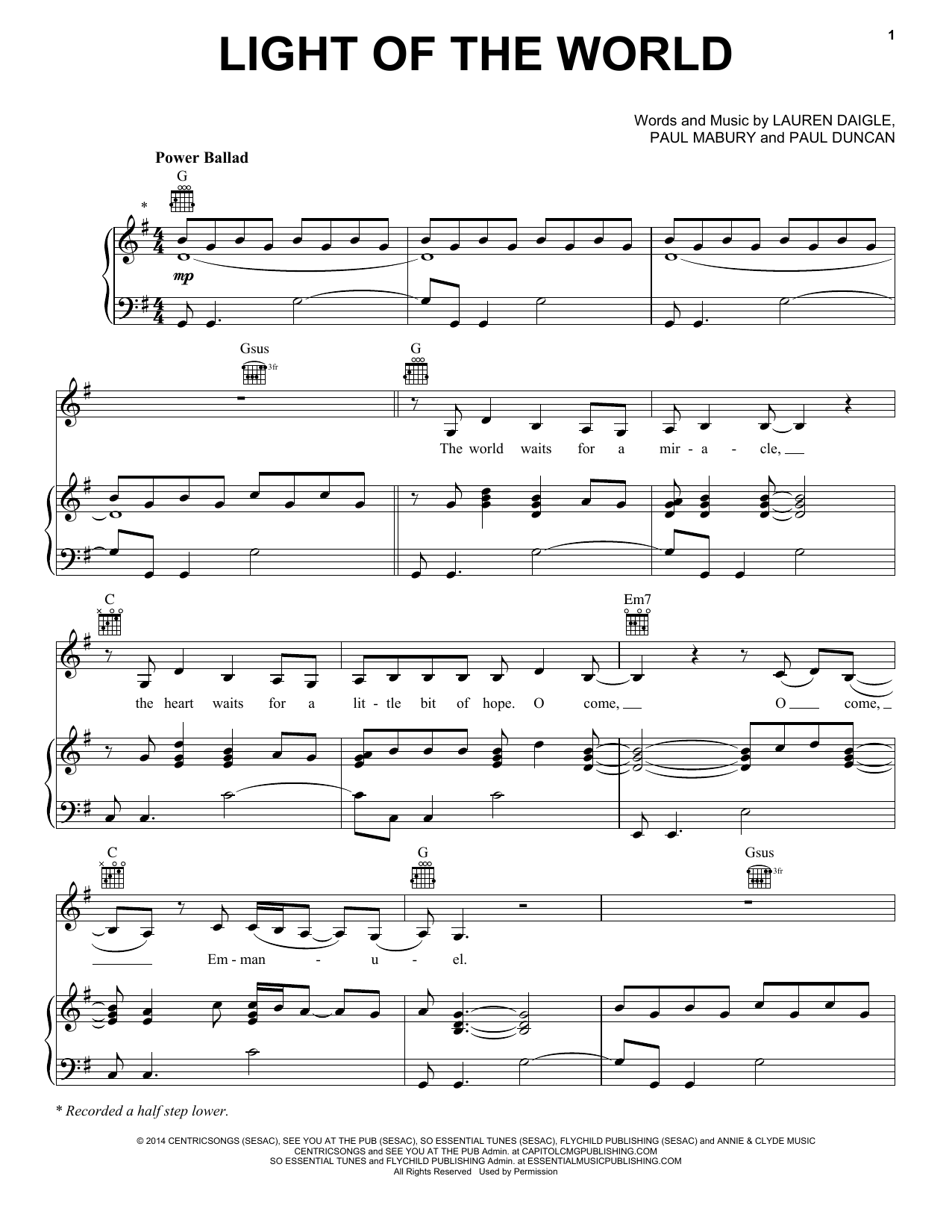 Download Lauren Daigle Light Of The World Sheet Music and learn how to play Piano, Vocal & Guitar Chords (Right-Hand Melody) PDF digital score in minutes