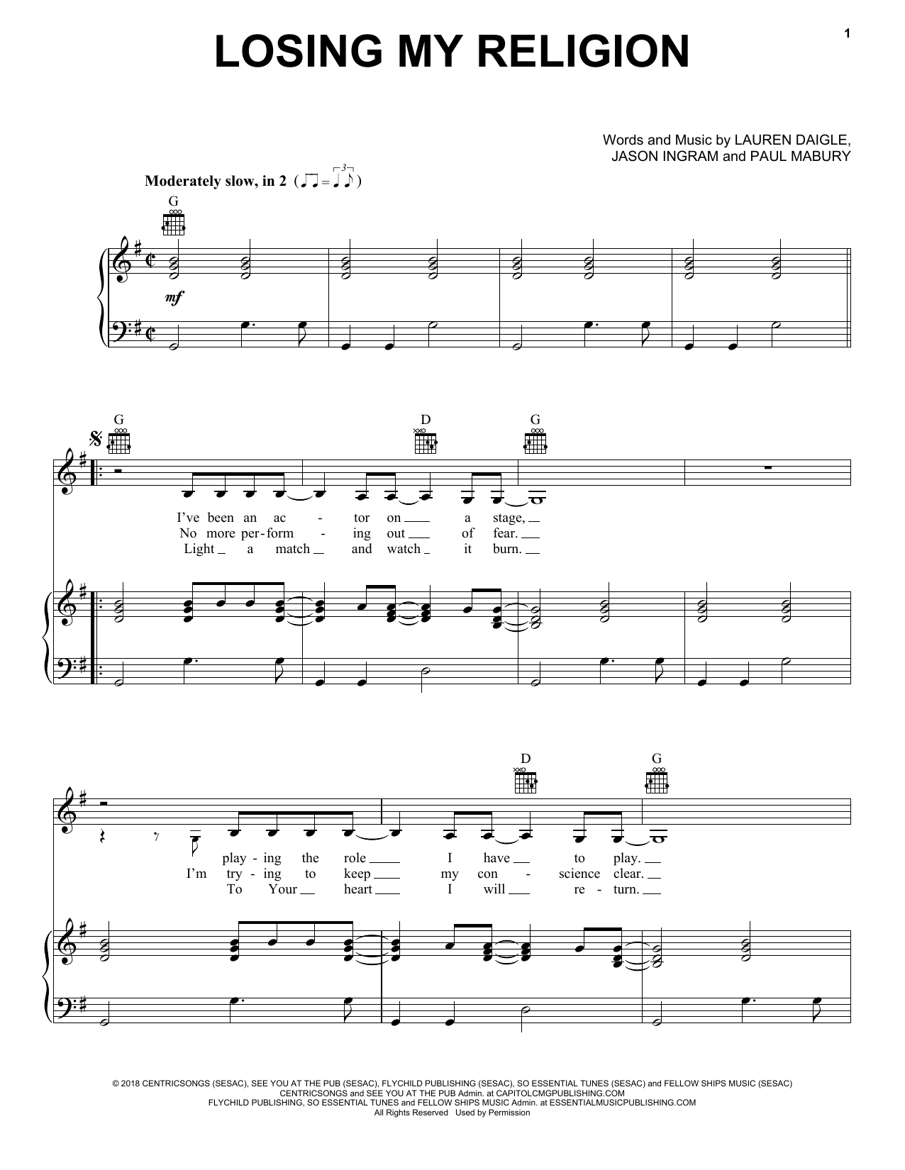 Download Lauren Daigle Losing My Religion Sheet Music and learn how to play Piano, Vocal & Guitar Chords (Right-Hand Melody) PDF digital score in minutes