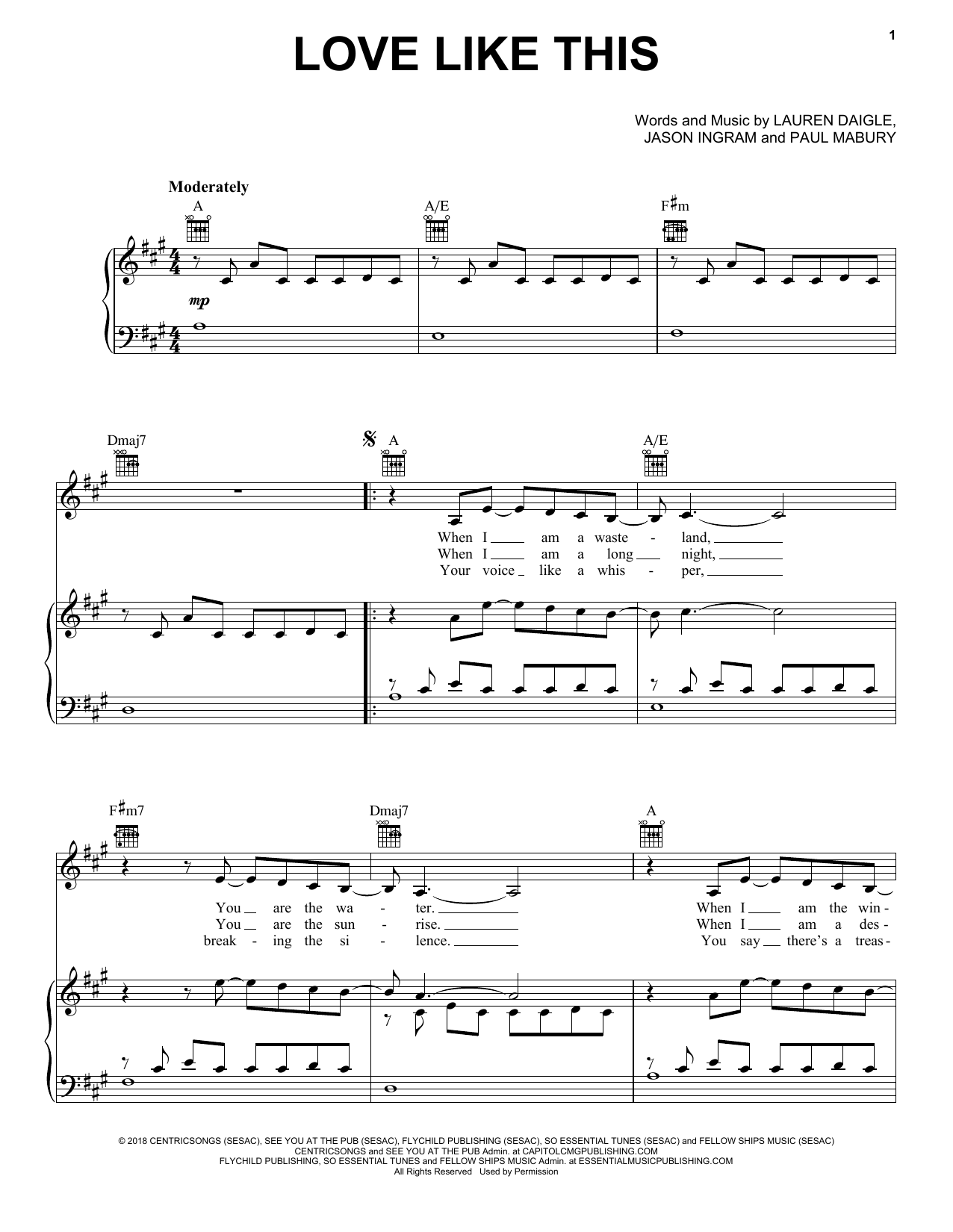 Download Lauren Daigle Love Like This Sheet Music and learn how to play Piano, Vocal & Guitar Chords (Right-Hand Melody) PDF digital score in minutes