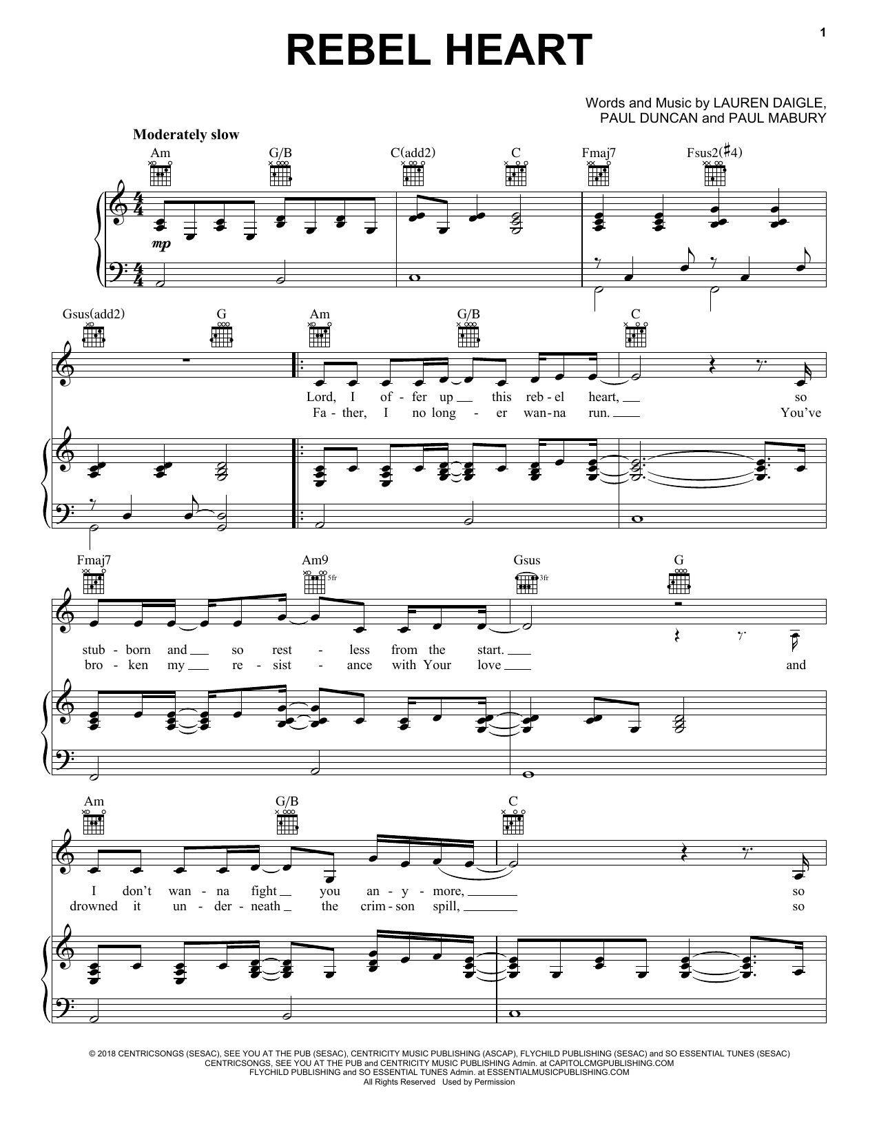 Download Lauren Daigle Rebel Heart Sheet Music and learn how to play Easy Piano PDF digital score in minutes