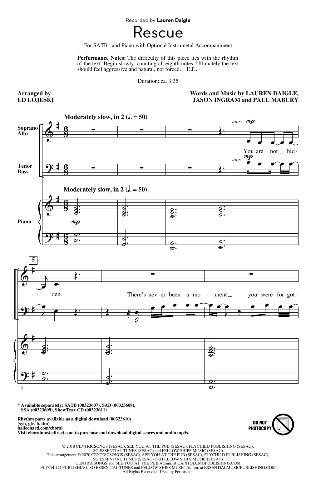 Download Lauren Daigle Rescue (arr. Ed Lojeski) Sheet Music and learn how to play SAB Choir PDF digital score in minutes