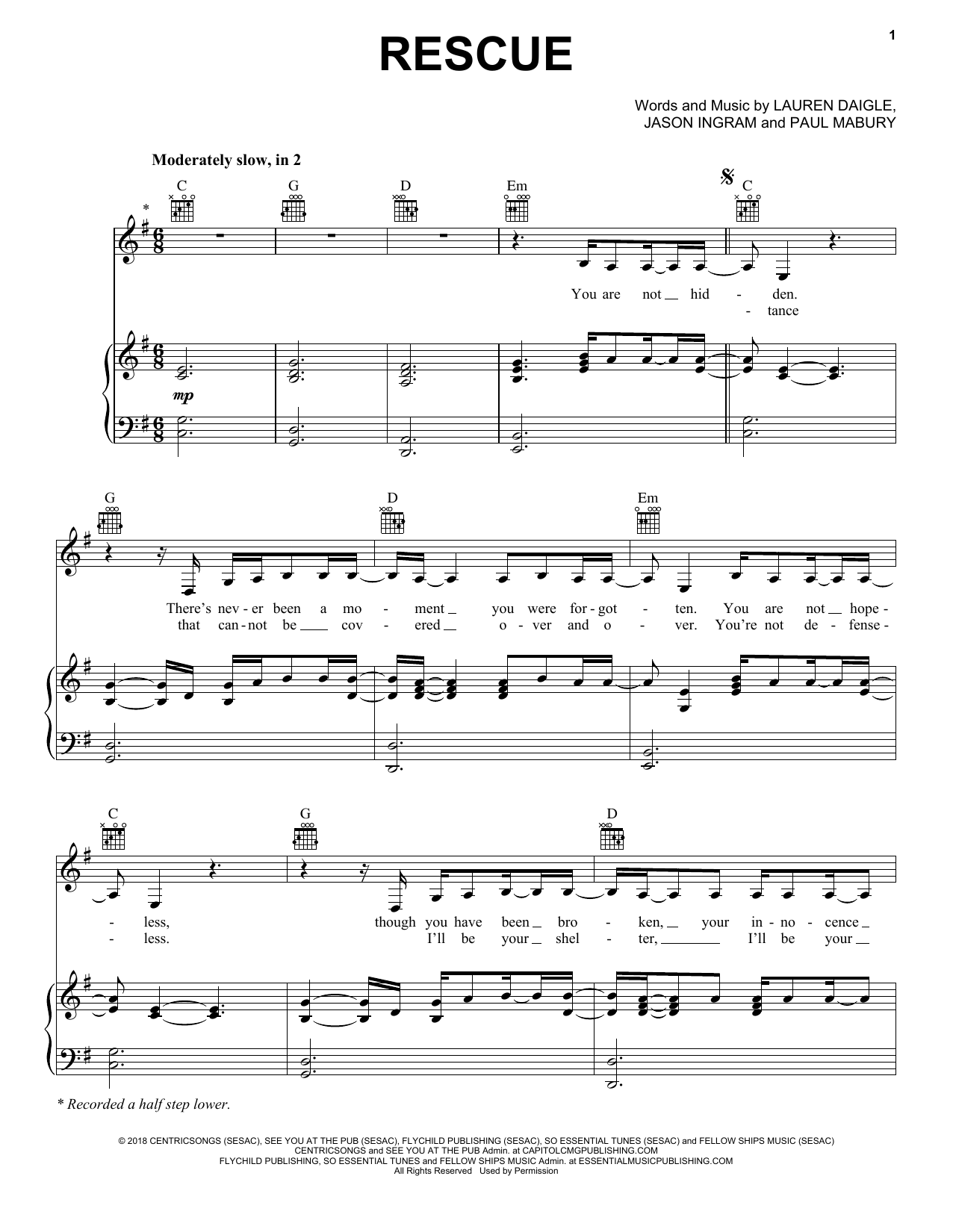Download Lauren Daigle Rescue Sheet Music and learn how to play Piano, Vocal & Guitar Chords (Right-Hand Melody) PDF digital score in minutes