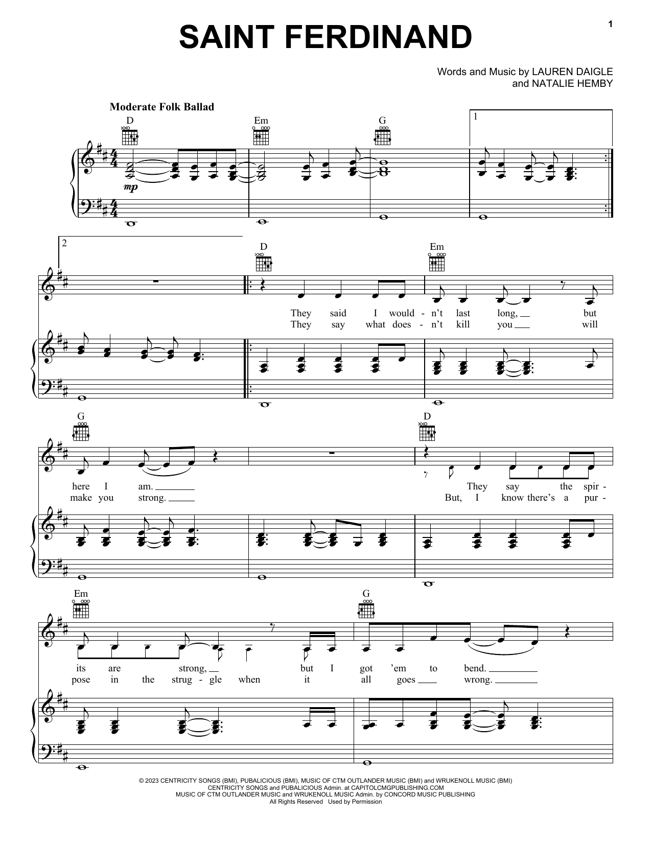 Download Lauren Daigle Saint Ferdinand Sheet Music and learn how to play Piano, Vocal & Guitar Chords (Right-Hand Melody) PDF digital score in minutes