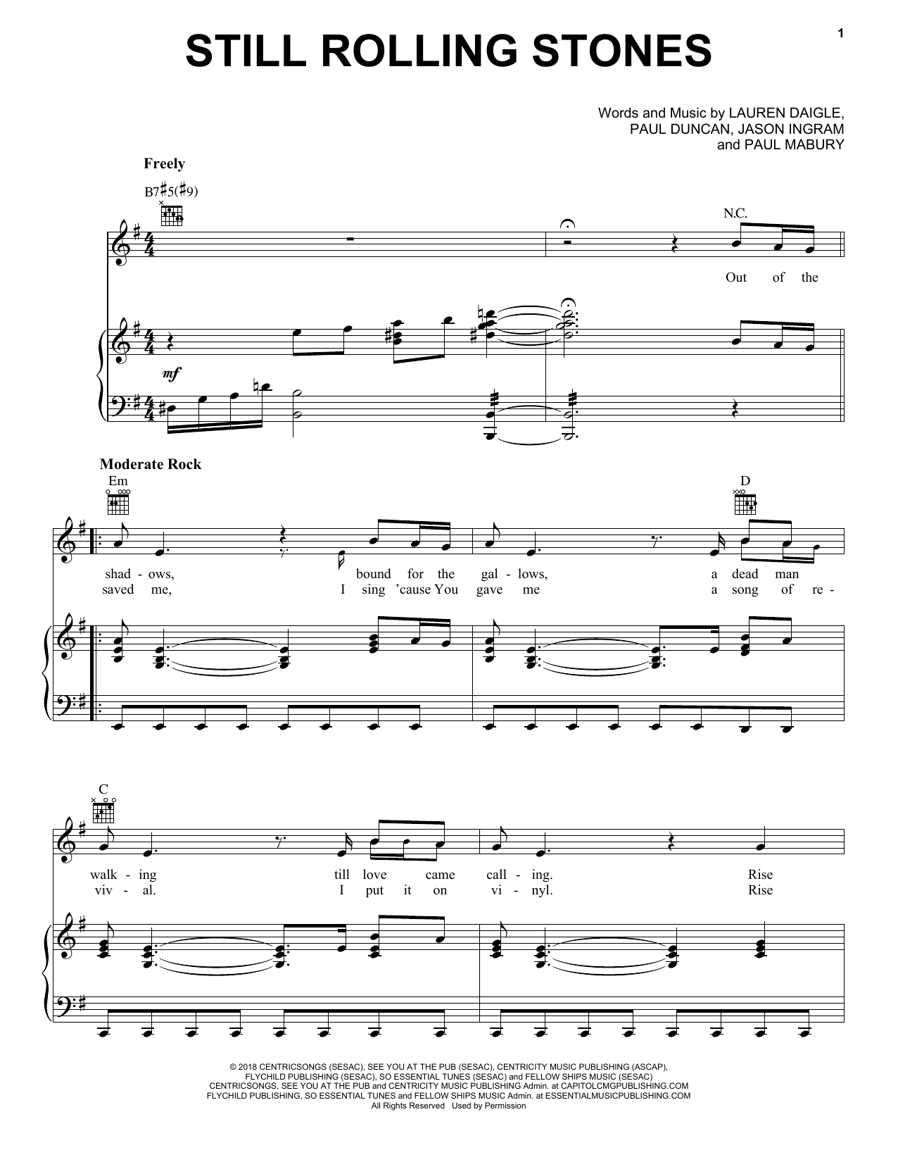Download Lauren Daigle Still Rolling Stones Sheet Music and learn how to play Piano, Vocal & Guitar Chords (Right-Hand Melody) PDF digital score in minutes