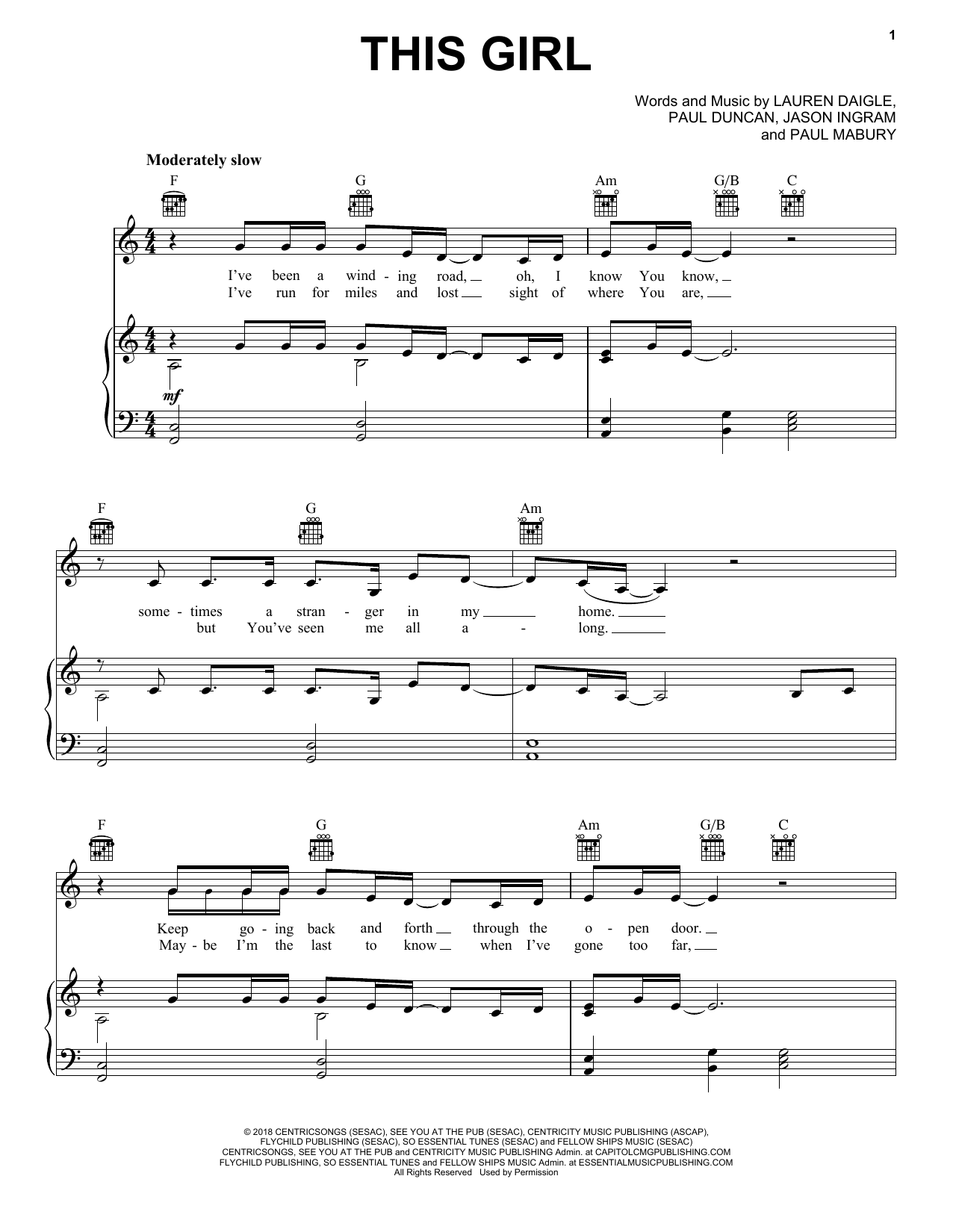 Download Lauren Daigle This Girl Sheet Music and learn how to play Easy Piano PDF digital score in minutes