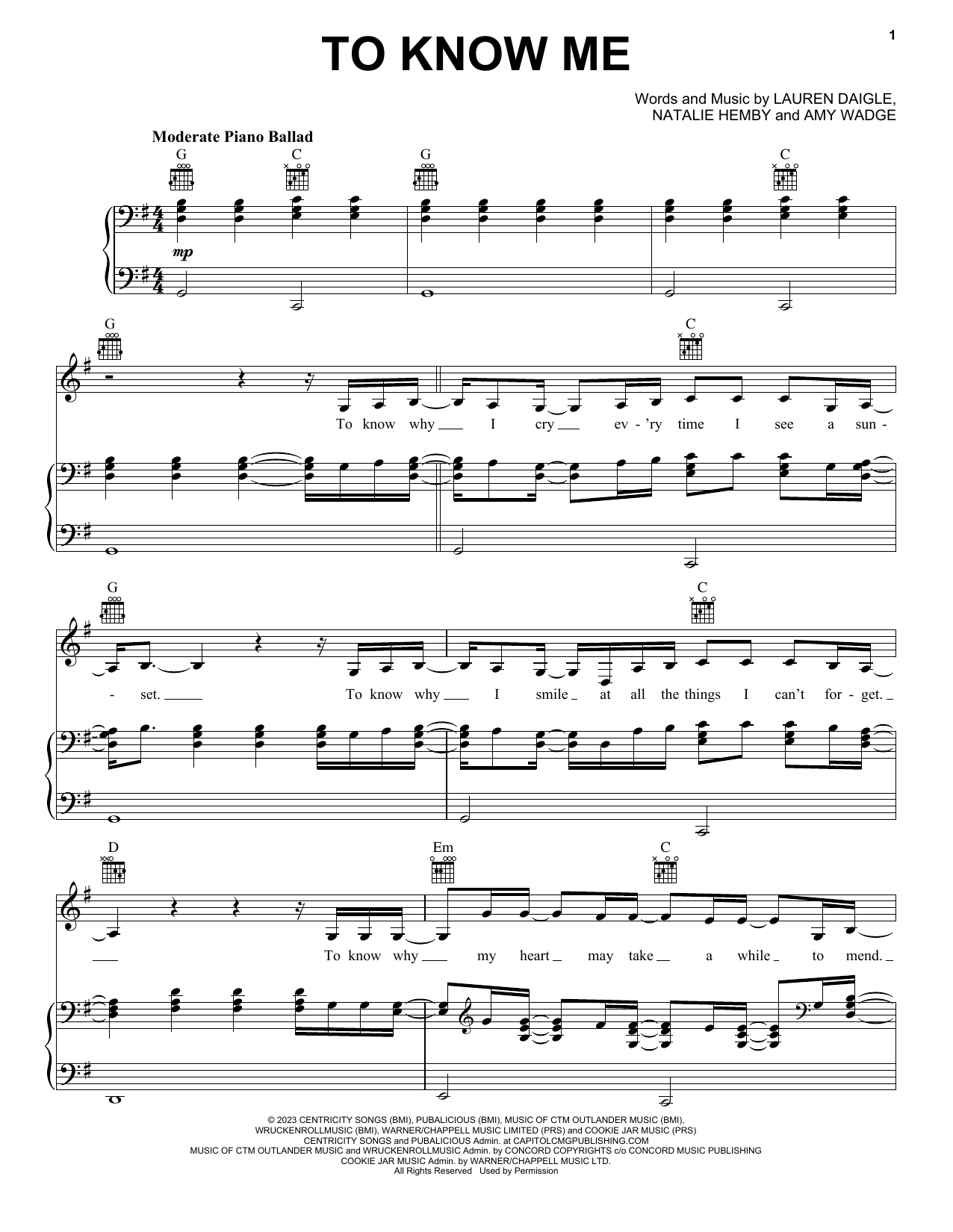 Download Lauren Daigle To Know Me Sheet Music and learn how to play Piano, Vocal & Guitar Chords (Right-Hand Melody) PDF digital score in minutes
