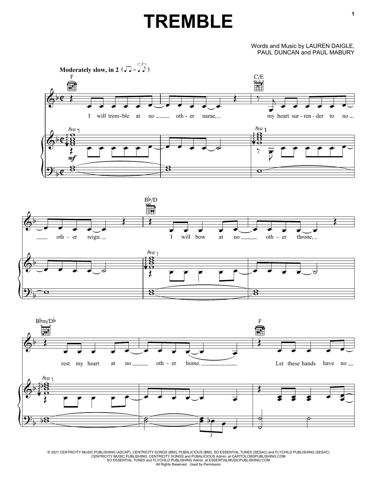 Download Lauren Daigle Tremble Sheet Music and learn how to play Piano, Vocal & Guitar Chords (Right-Hand Melody) PDF digital score in minutes