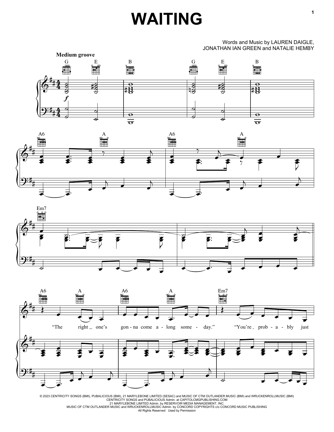 Download Lauren Daigle Waiting Sheet Music and learn how to play Piano, Vocal & Guitar Chords (Right-Hand Melody) PDF digital score in minutes