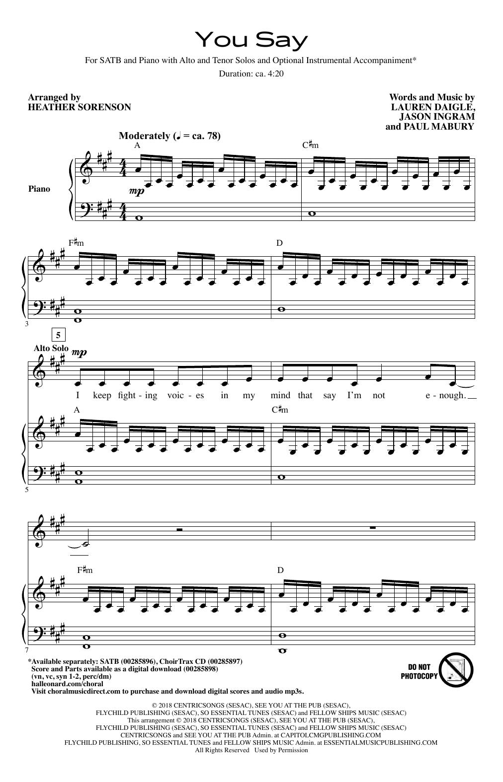 Download Lauren Daigle You Say (arr. Heather Sorenson) Sheet Music and learn how to play SATB Choir PDF digital score in minutes