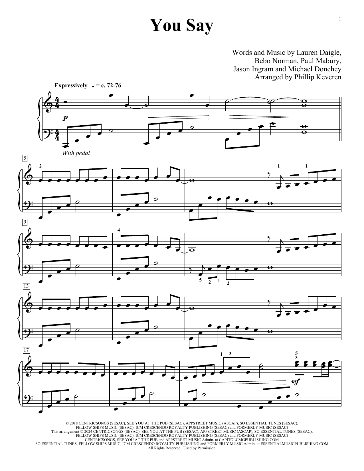 Download Lauren Daigle You Say (arr. Phillip Keveren) Sheet Music and learn how to play Piano Solo PDF digital score in minutes