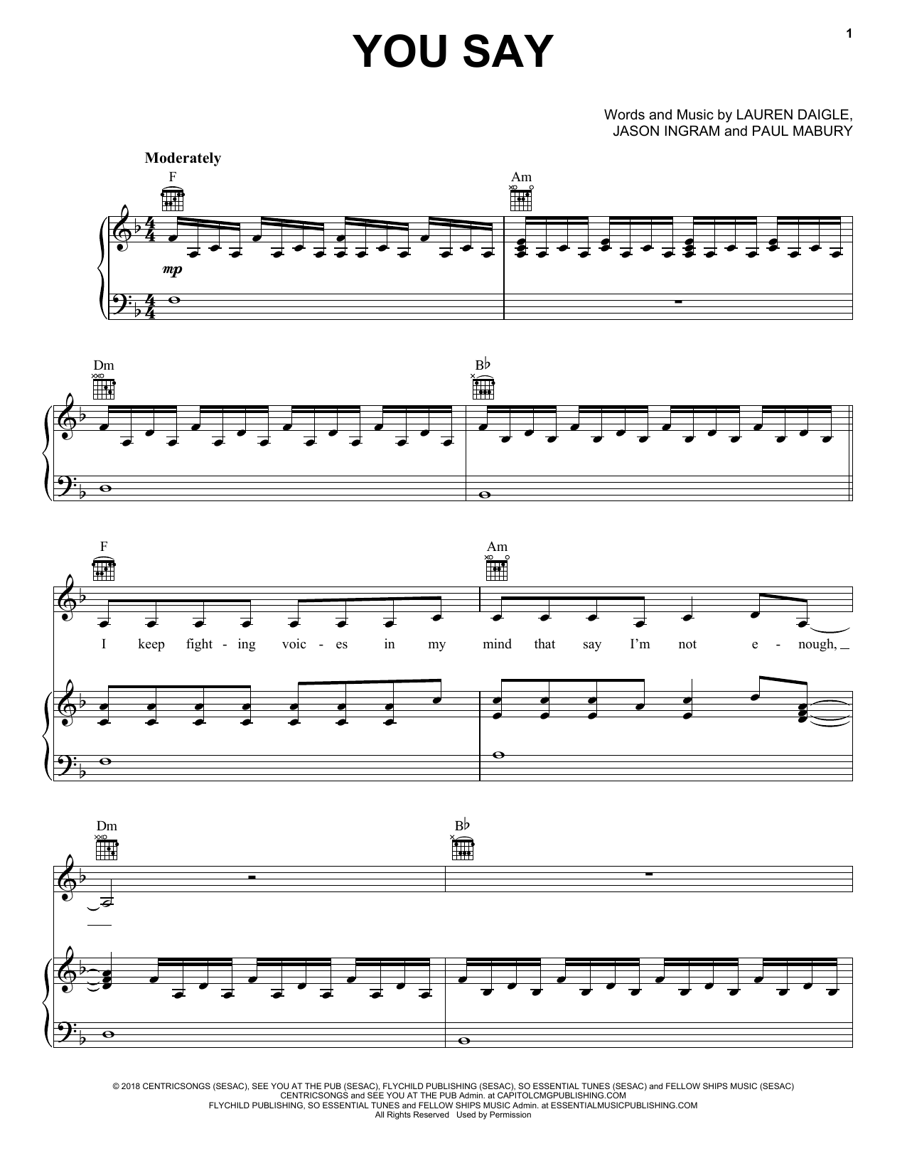 Download Lauren Daigle You Say Sheet Music and learn how to play Easy Piano PDF digital score in minutes