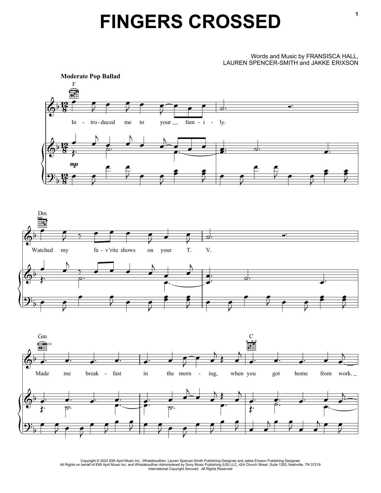 Download Lauren Spencer-Smith Fingers Crossed Sheet Music and learn how to play Piano, Vocal & Guitar Chords (Right-Hand Melody) PDF digital score in minutes