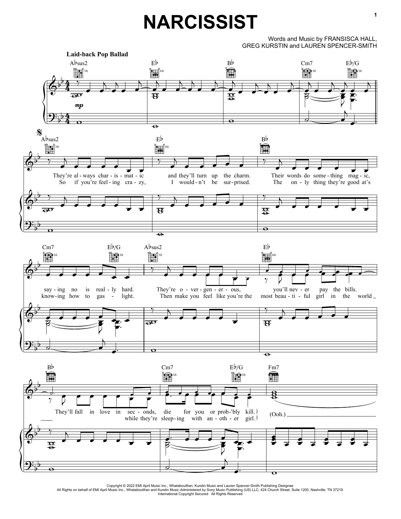 Download Lauren Spencer-Smith Narcissist Sheet Music and learn how to play Piano, Vocal & Guitar Chords (Right-Hand Melody) PDF digital score in minutes