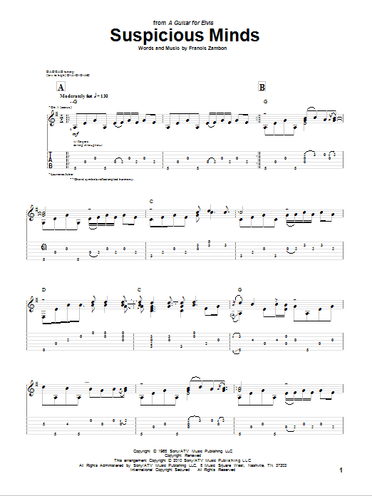 Download Laurence Juber Suspicious Minds Sheet Music and learn how to play Guitar Tab PDF digital score in minutes