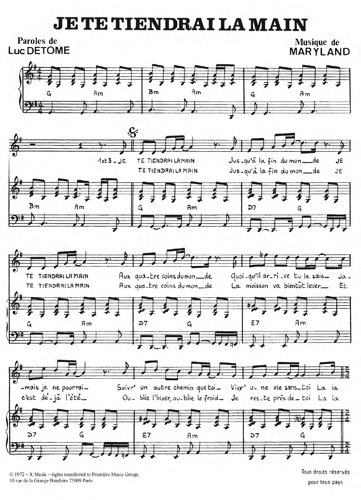 Download Laurent Rossi Je Te Tiendrai La Main Sheet Music and learn how to play Piano & Vocal PDF digital score in minutes