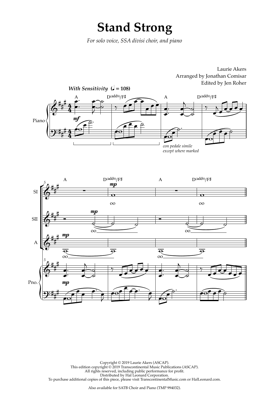 Download Laurie Akers Stand Strong (arr. Jonathan Comisar) Sheet Music and learn how to play SSA Choir PDF digital score in minutes
