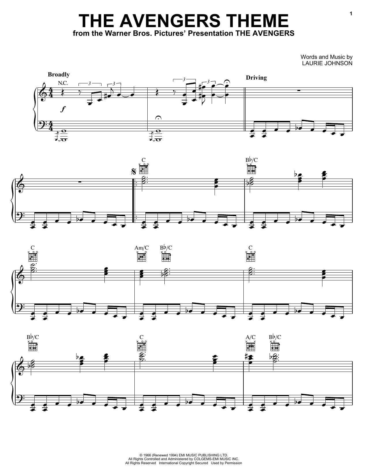 Download Laurie Johnson The Avengers Theme Sheet Music and learn how to play Melody Line, Lyrics & Chords PDF digital score in minutes