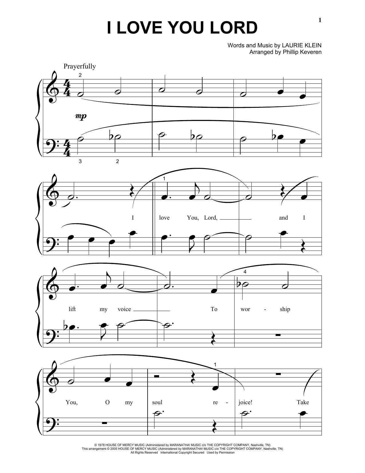 Download Laurie Klein I Love You Lord (arr. Phillip Keveren) Sheet Music and learn how to play Piano Solo PDF digital score in minutes