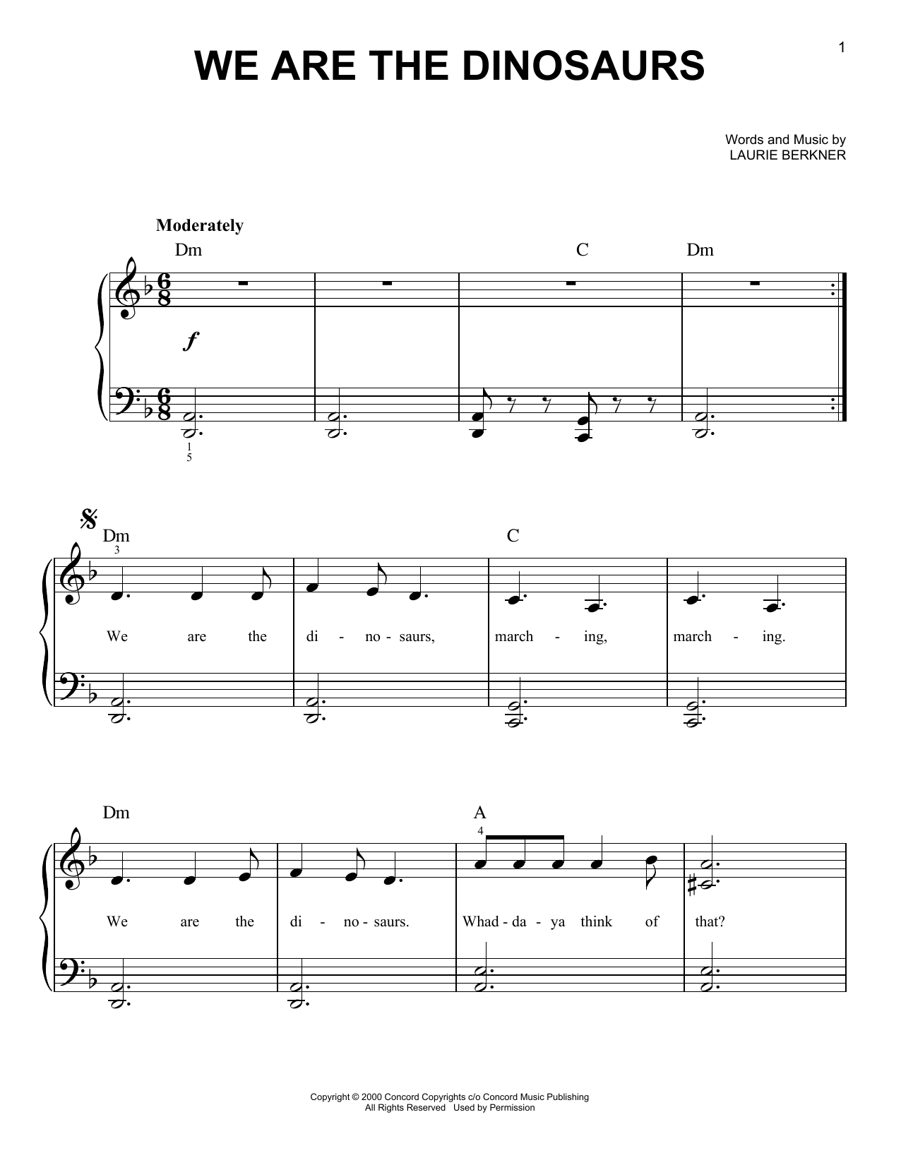 Download Laurissa Anne Berkner We Are The Dinosaurs Sheet Music and learn how to play Easy Piano PDF digital score in minutes