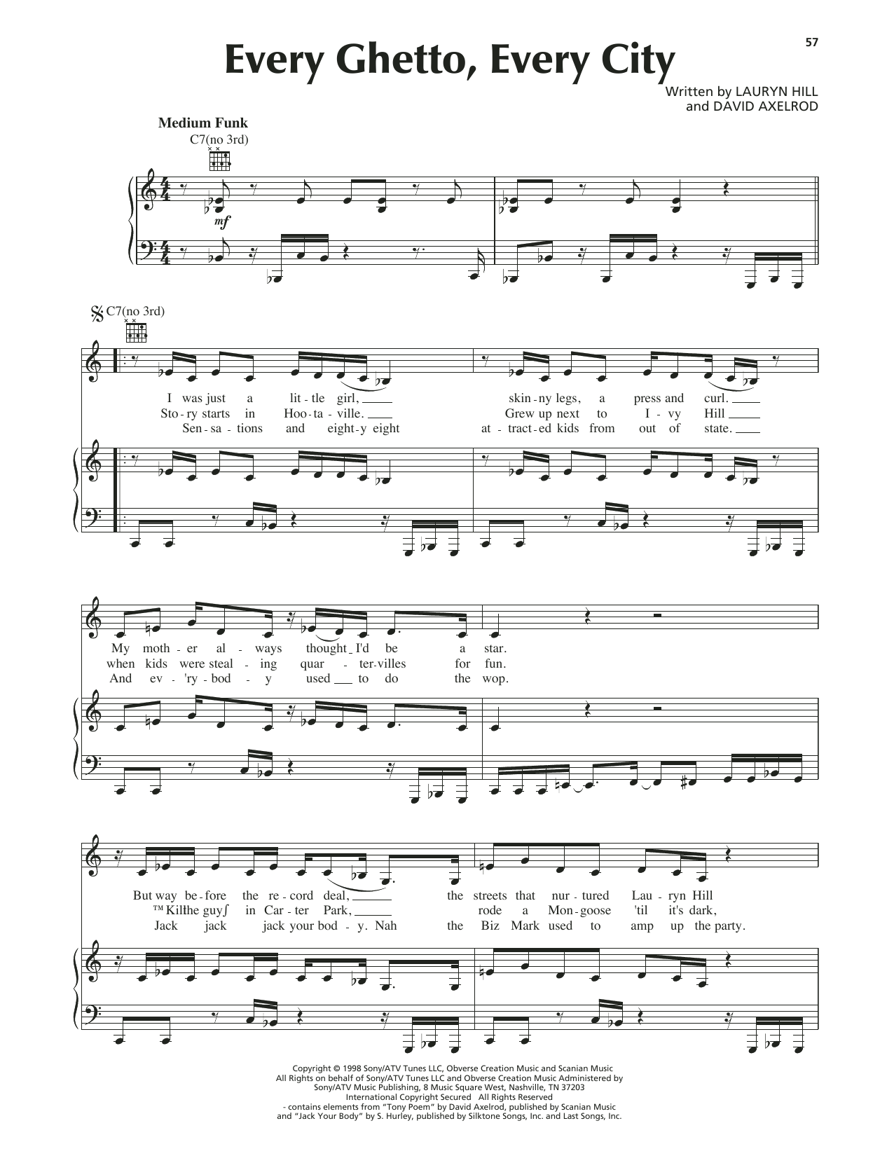 Download Lauryn Hill Every Ghetto, Every City Sheet Music and learn how to play Piano, Vocal & Guitar Chords (Right-Hand Melody) PDF digital score in minutes