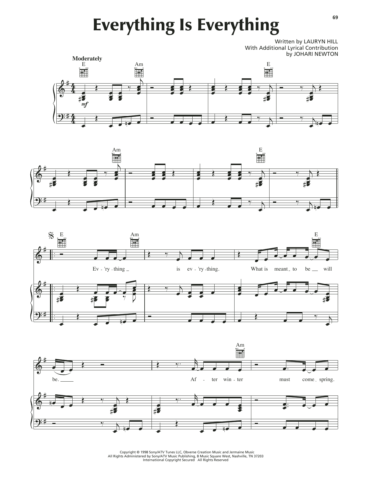 Download Lauryn Hill Everything Is Everything Sheet Music and learn how to play Piano, Vocal & Guitar Chords (Right-Hand Melody) PDF digital score in minutes