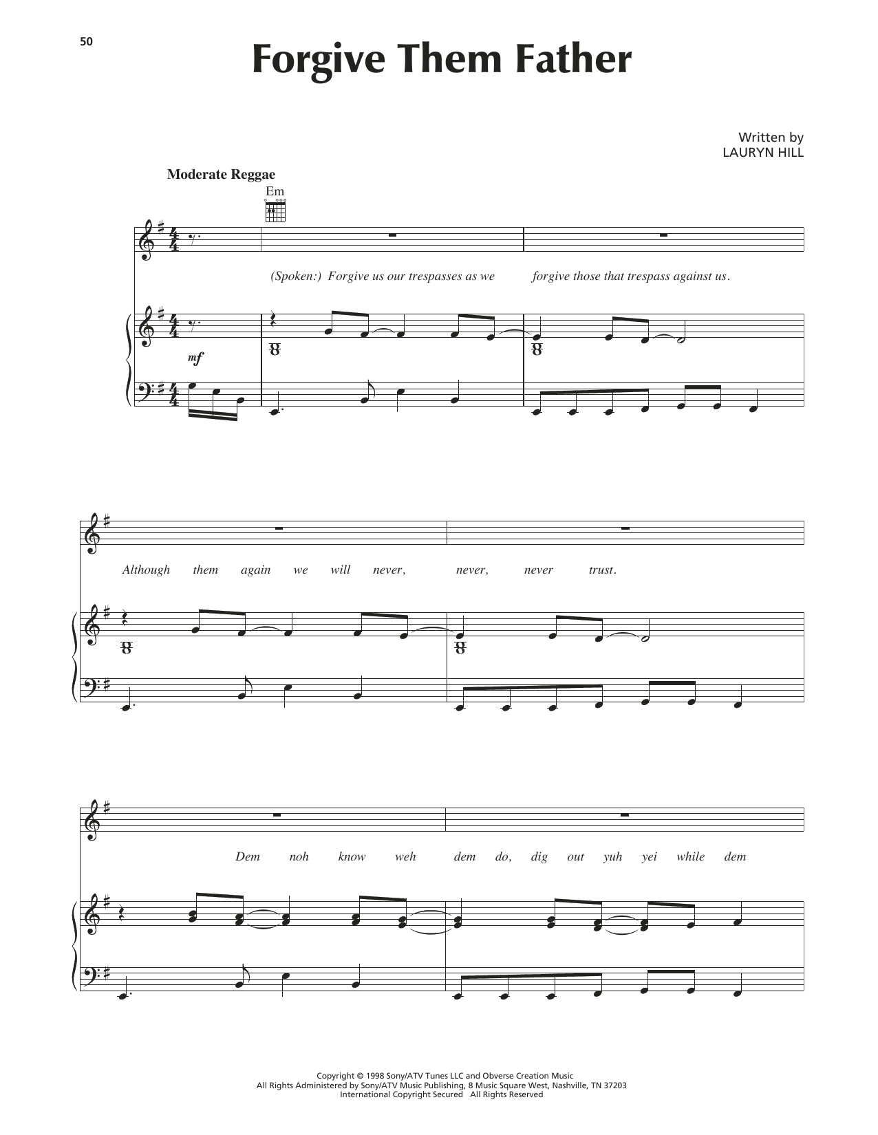 Download Lauryn Hill Forgive Them Father Sheet Music and learn how to play Piano, Vocal & Guitar Chords (Right-Hand Melody) PDF digital score in minutes