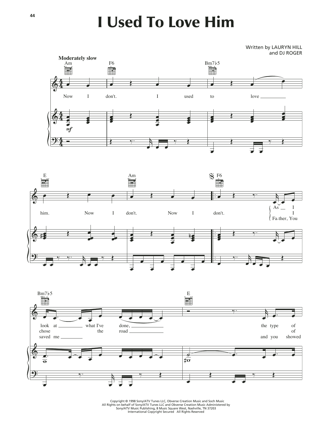 Download Lauryn Hill I Used To Love Him Sheet Music and learn how to play Piano, Vocal & Guitar Chords (Right-Hand Melody) PDF digital score in minutes