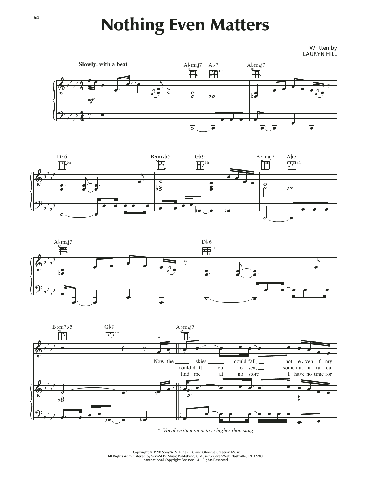 Download Lauryn Hill Nothing Even Matters Sheet Music and learn how to play Piano, Vocal & Guitar Chords (Right-Hand Melody) PDF digital score in minutes