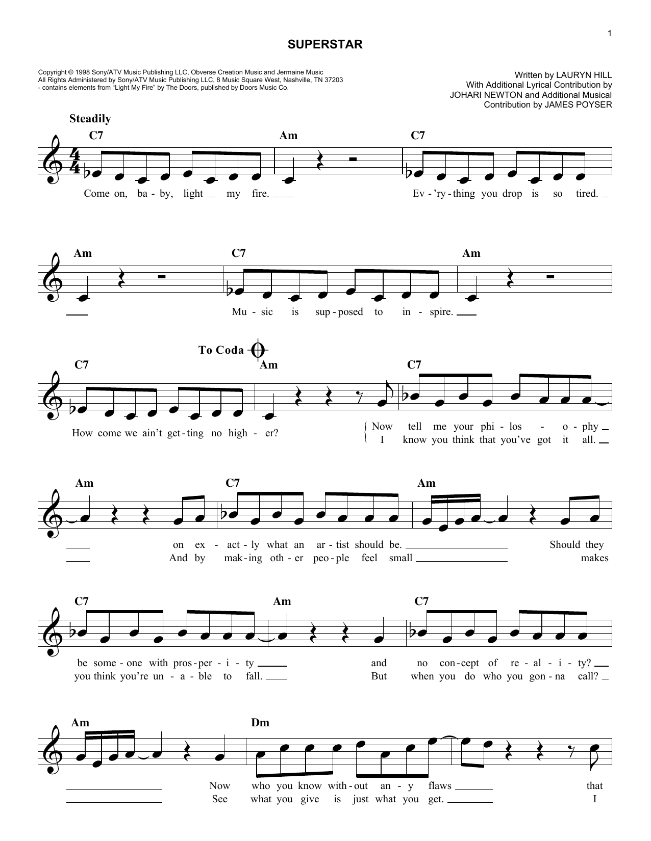 Download Lauryn Hill Superstar Sheet Music and learn how to play Piano, Vocal & Guitar Chords (Right-Hand Melody) PDF digital score in minutes