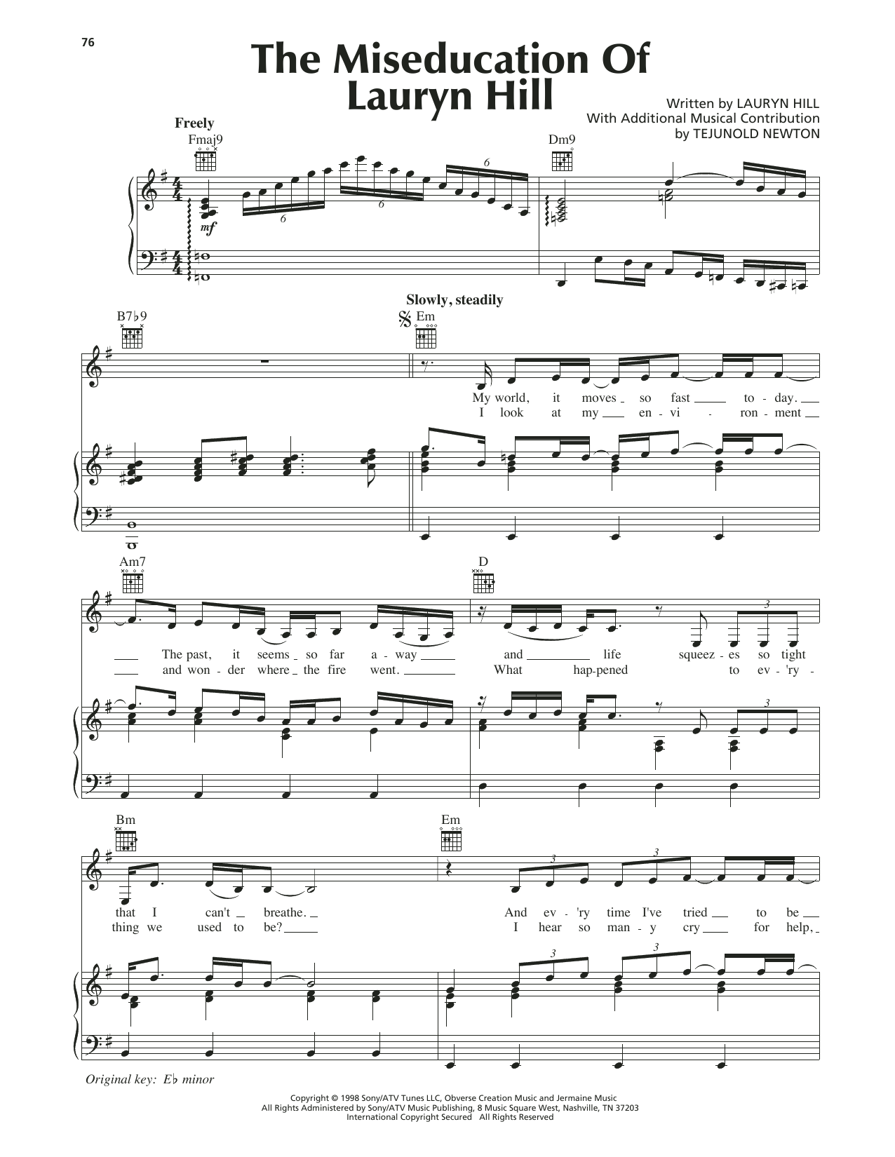 Download Lauryn Hill The Miseducation Of Lauryn Hill Sheet Music and learn how to play Piano, Vocal & Guitar Chords (Right-Hand Melody) PDF digital score in minutes