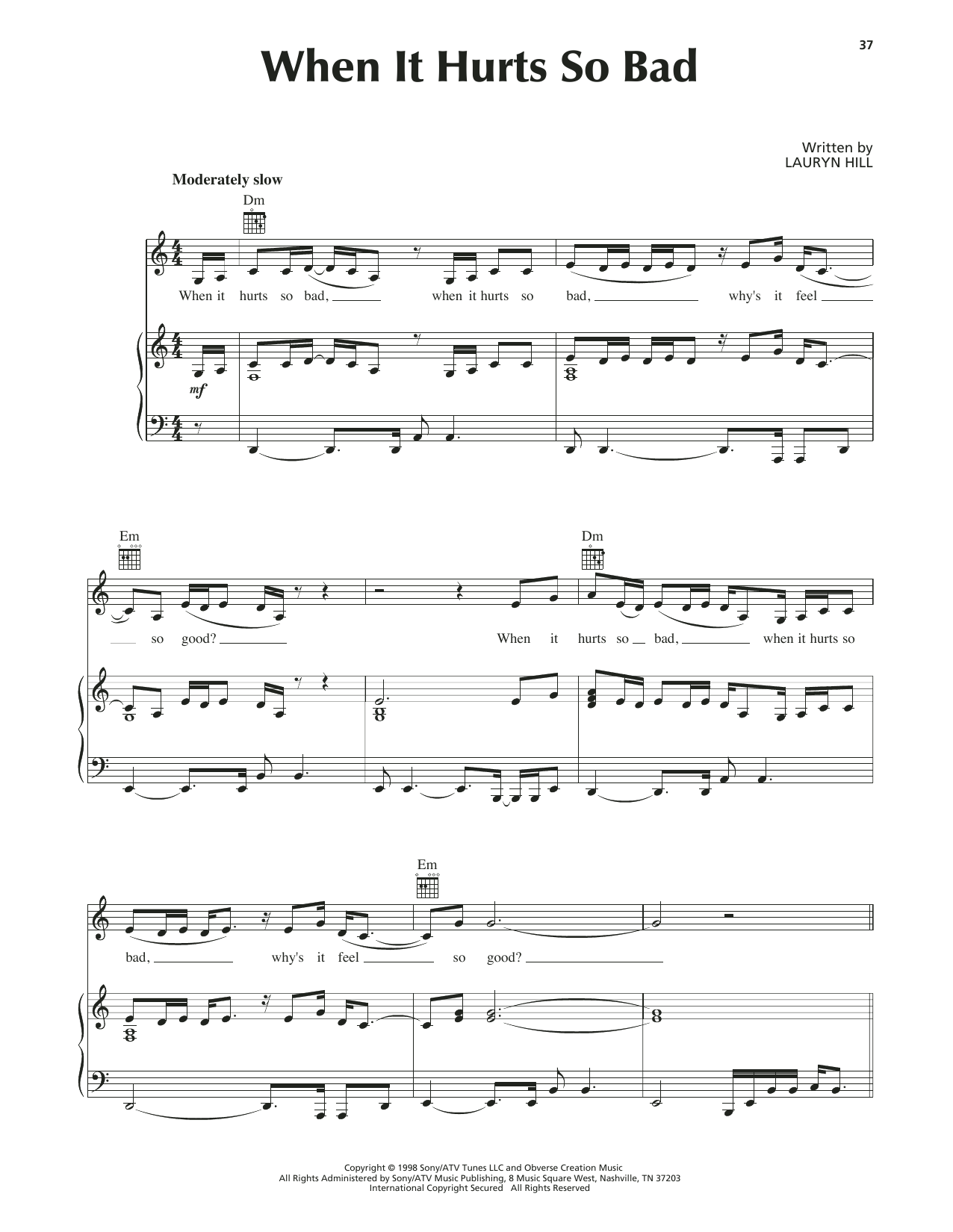 Download Lauryn Hill When It Hurts So Bad Sheet Music and learn how to play Piano, Vocal & Guitar Chords (Right-Hand Melody) PDF digital score in minutes