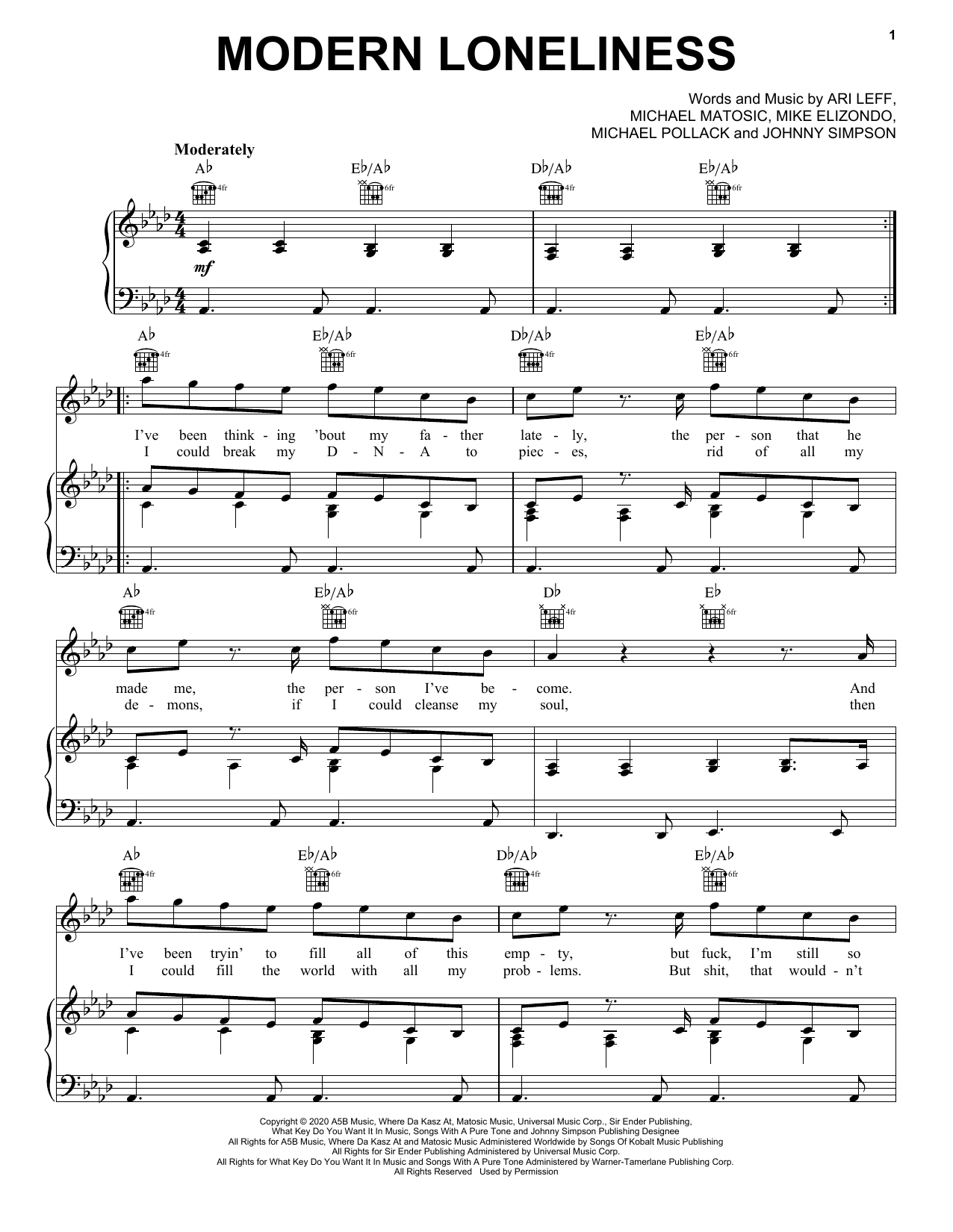 Download Lauv Modern Loneliness Sheet Music and learn how to play Piano, Vocal & Guitar Chords (Right-Hand Melody) PDF digital score in minutes