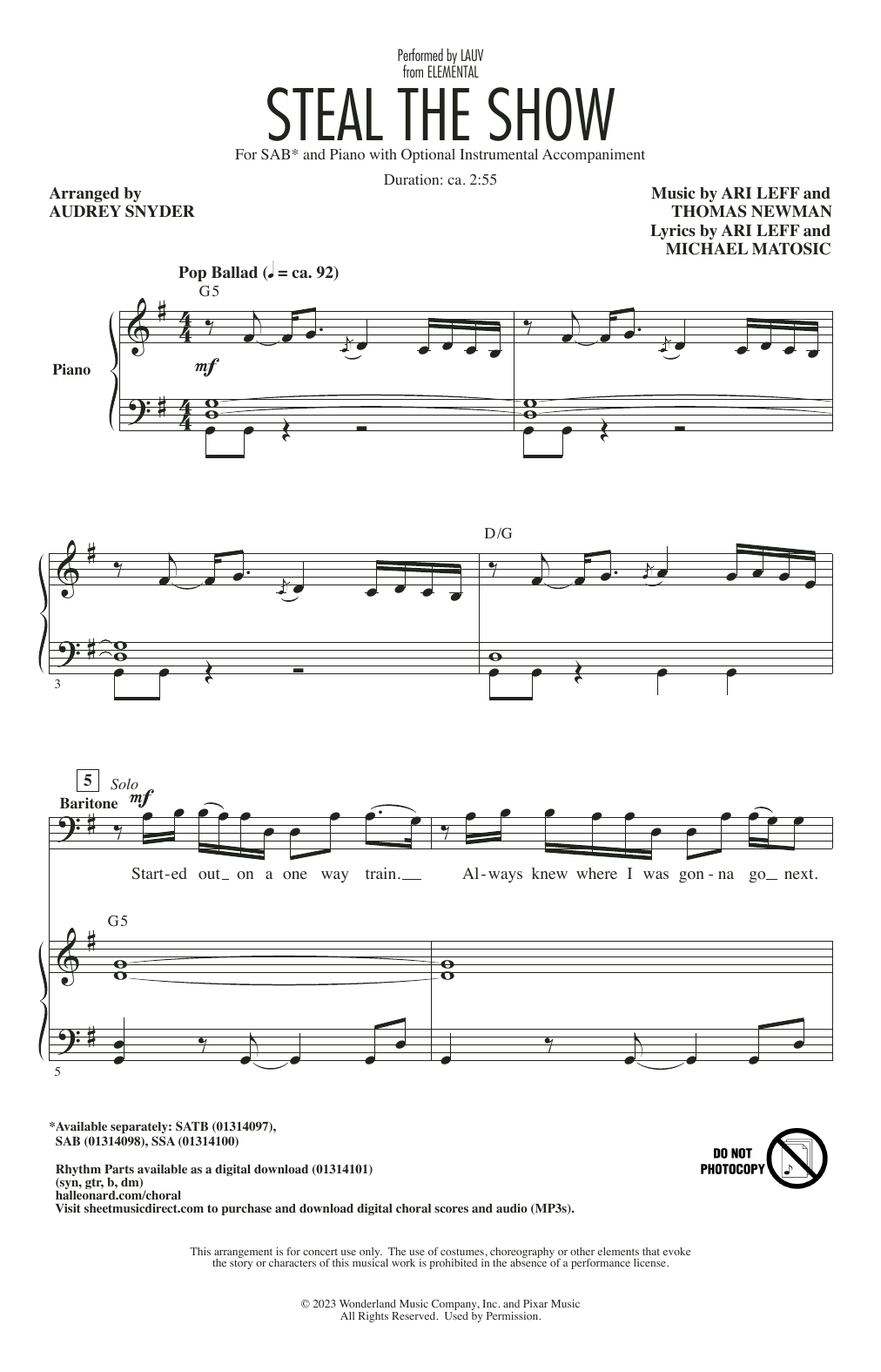 Download Lauv Steal The Show (from Elemental) (arr. Audrey Snyder) Sheet Music and learn how to play SAB Choir PDF digital score in minutes