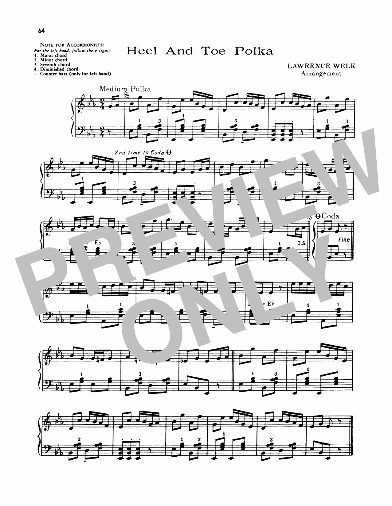 Download Lawrence Welk Heel And Toe Polka Sheet Music and learn how to play Piano Solo PDF digital score in minutes