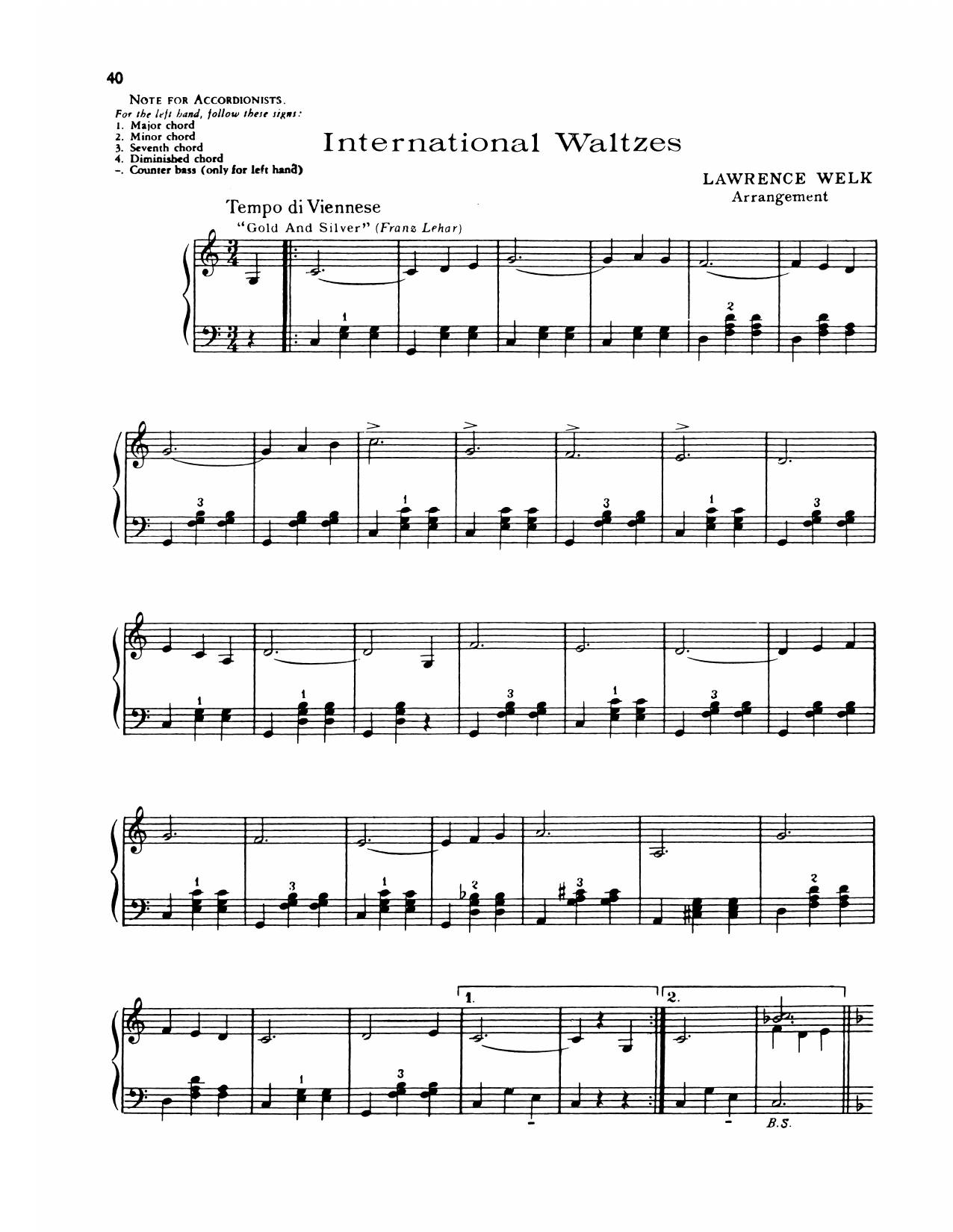 Download Lawrence Welk International Waltzes Sheet Music and learn how to play Piano Solo PDF digital score in minutes