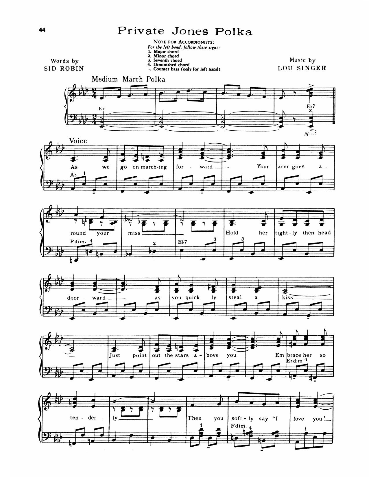 Download Lawrence Welk Private Jones Polka Sheet Music and learn how to play Piano Solo PDF digital score in minutes