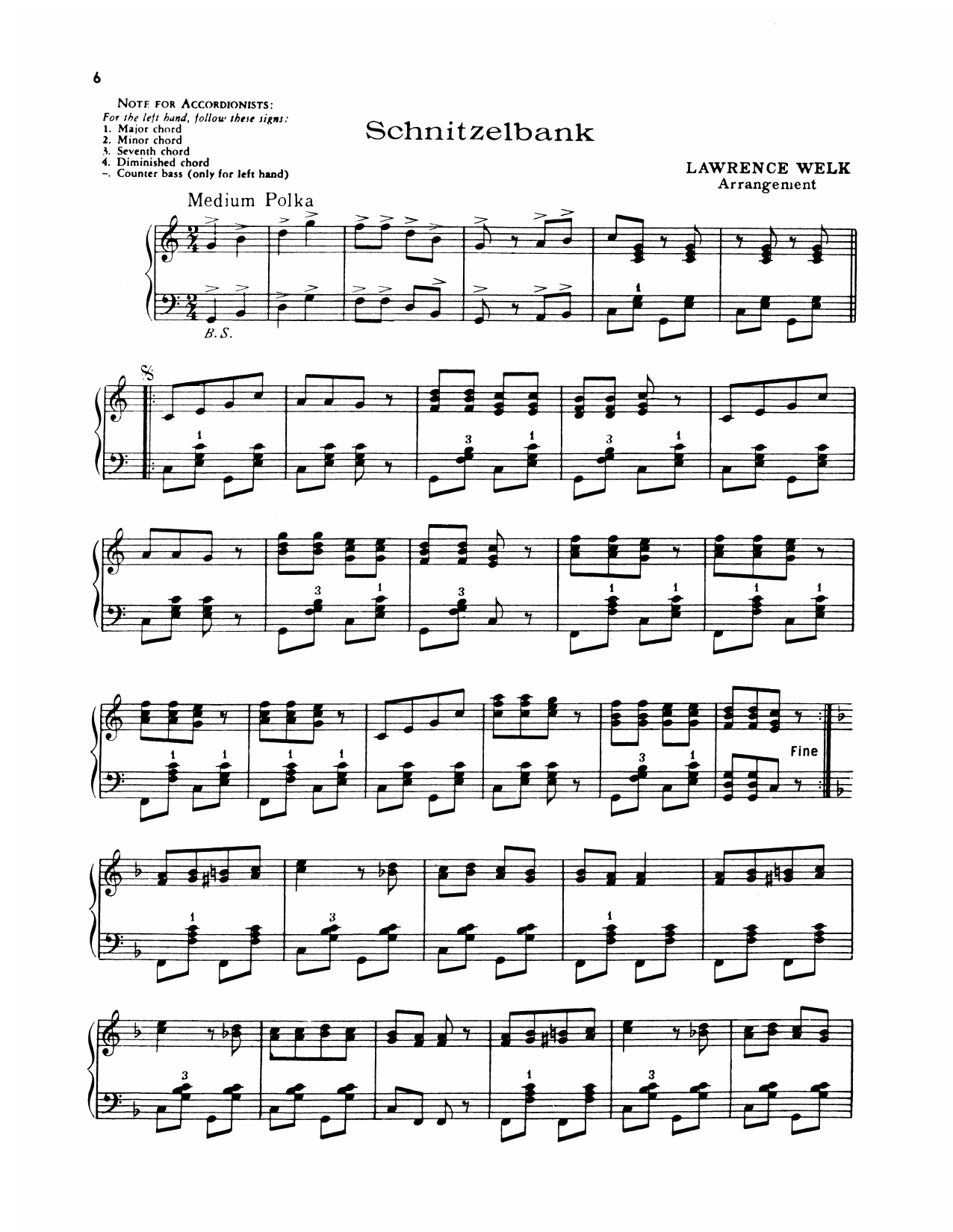 Download Lawrence Welk Schnitzelbank Sheet Music and learn how to play Piano Solo PDF digital score in minutes