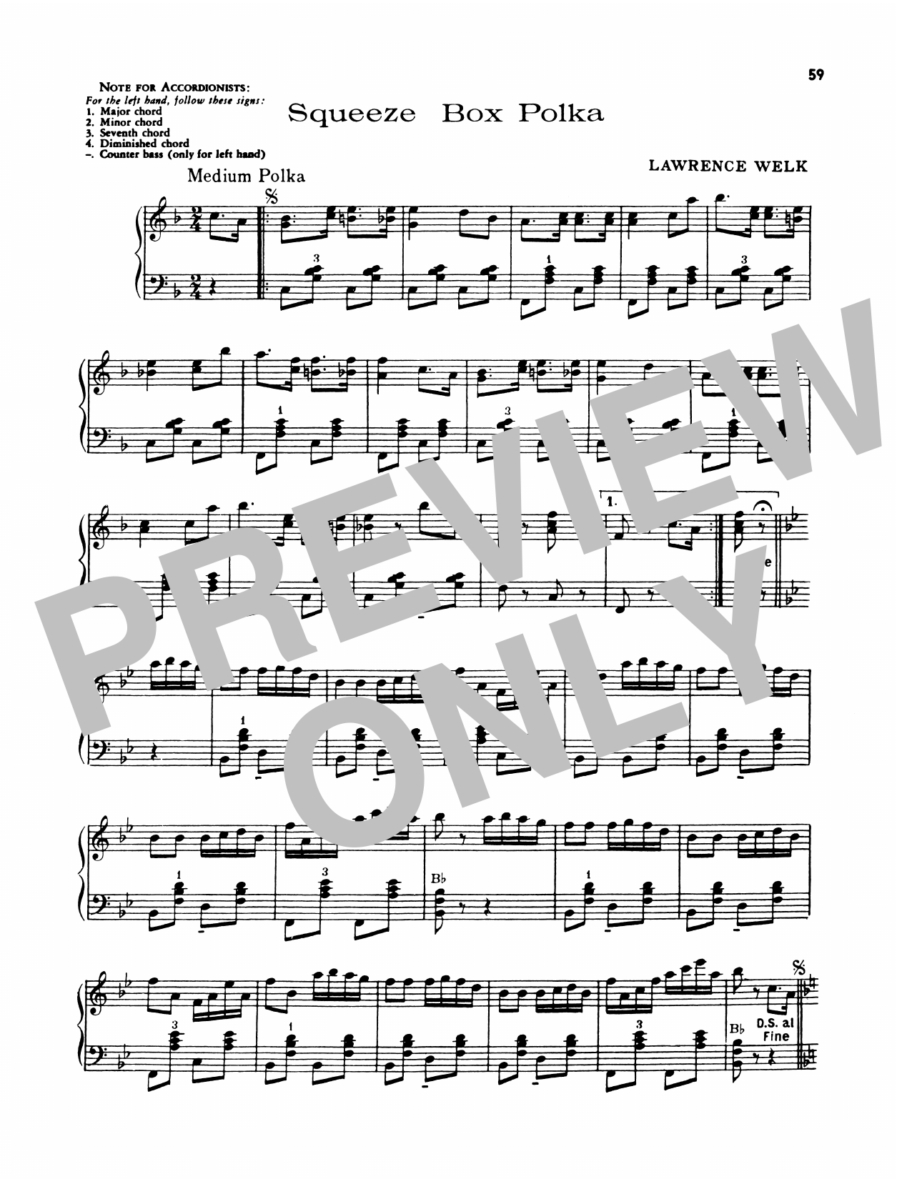 Download Lawrence Welk Squeeze Box Polka Sheet Music and learn how to play Piano Solo PDF digital score in minutes