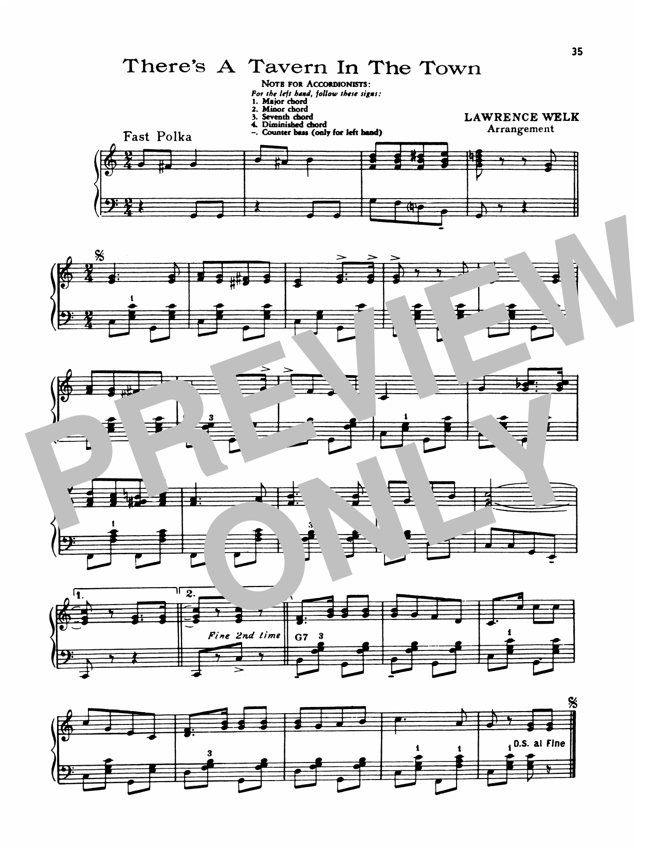 Download Lawrence Welk There's A Tavern In The Town Sheet Music and learn how to play Piano Solo PDF digital score in minutes