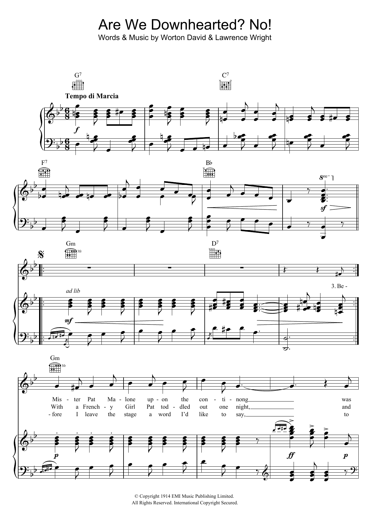 Download Lawrence Wright Are We Downhearted? No! Sheet Music and learn how to play Piano, Vocal & Guitar (Right-Hand Melody) PDF digital score in minutes