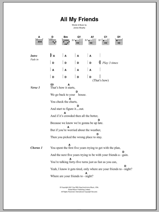 Download LCD Soundsystem All My Friends Sheet Music and learn how to play Lyrics & Chords PDF digital score in minutes