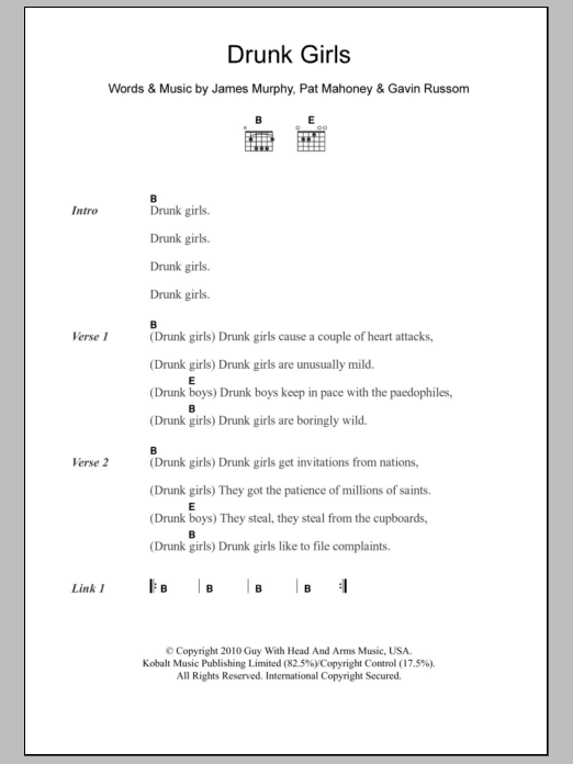 Download LCD Soundsystem Drunk Girls Sheet Music and learn how to play Lyrics & Chords PDF digital score in minutes